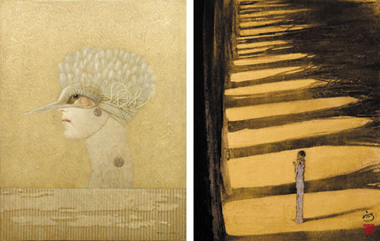 'Puppet Show, Bird' (left), a tempera painting by Yoshihiro Ushijima, who studied in Vienna from 1974 to 1982 under Austrian painter Rudolf Hausner, is on display at Shihoudou Gallery. Right: Sagamiya presents 'Life course in vernal days' by Yuji Murakami, who is exploring contemporary nihonga (Japanese painting). | YOSHIHIRO USHIJIMA, YUJI MURAKAMI